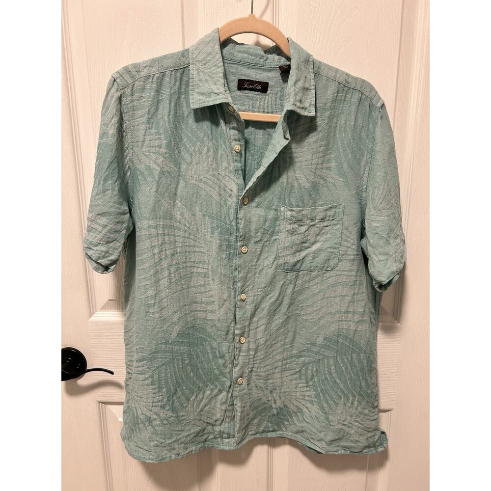 Mens Tasso Elba Blue Floral Silk/Linen Blend Button Up Shirt Large